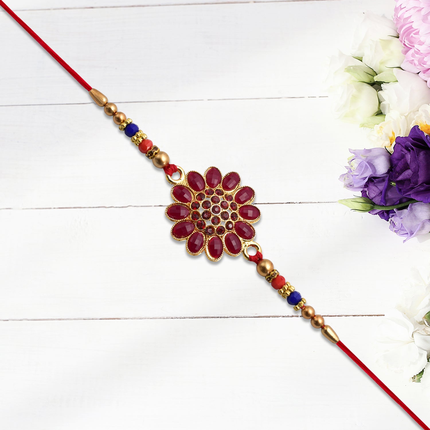 Red Floral Stone Rakhi With Bead Accents Red Floral Stone Rakhi With Bead Accents